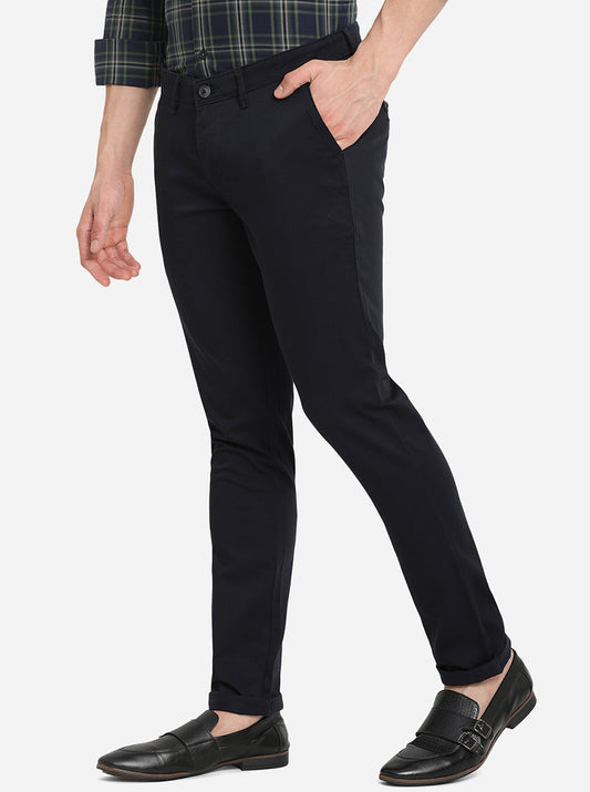 Navy Blue Solid Neo Fit Casual Trouser | Greenfibre