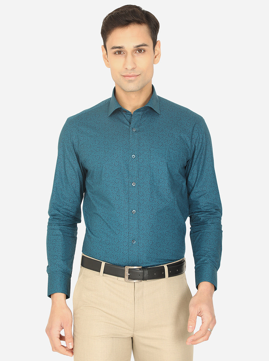 Peacock Blue Printed Slim Fit Formal Shirt | Greenfibre