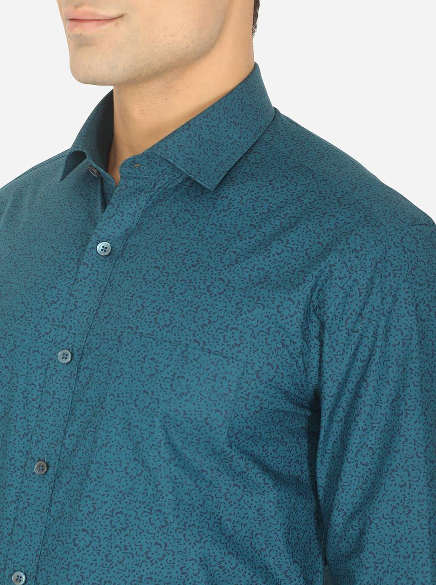 Peacock Blue Printed Slim Fit Formal Shirt | Greenfibre