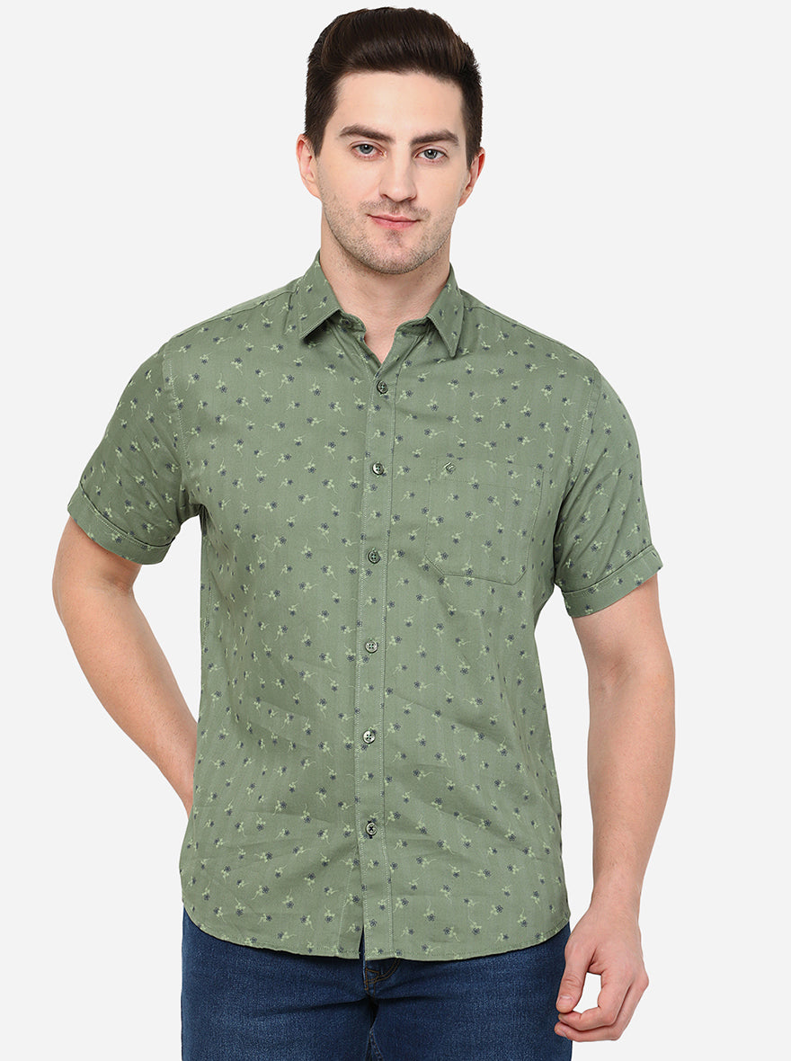 Olive Green Printed Smart Fit Casual Shirt | Greenfibre