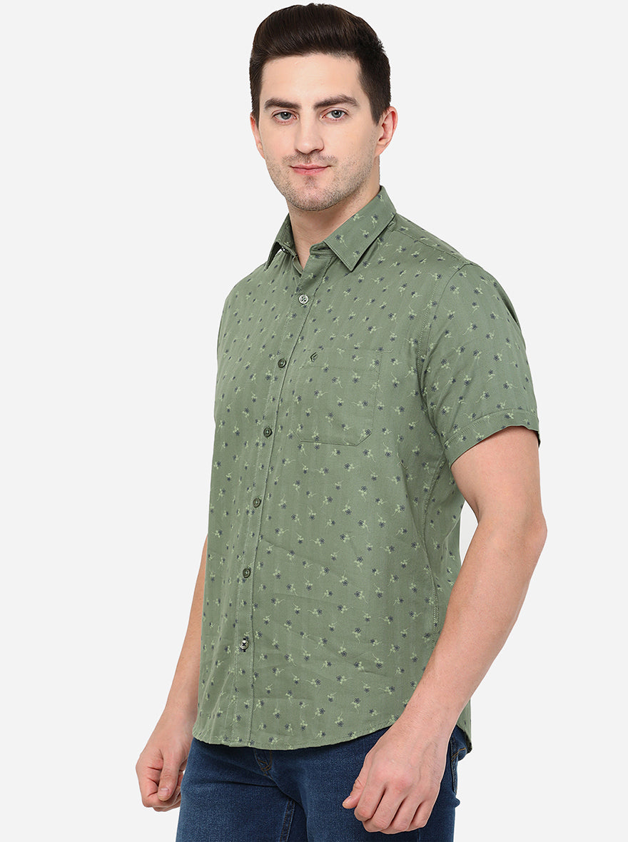 Olive Green Printed Smart Fit Casual Shirt | Greenfibre