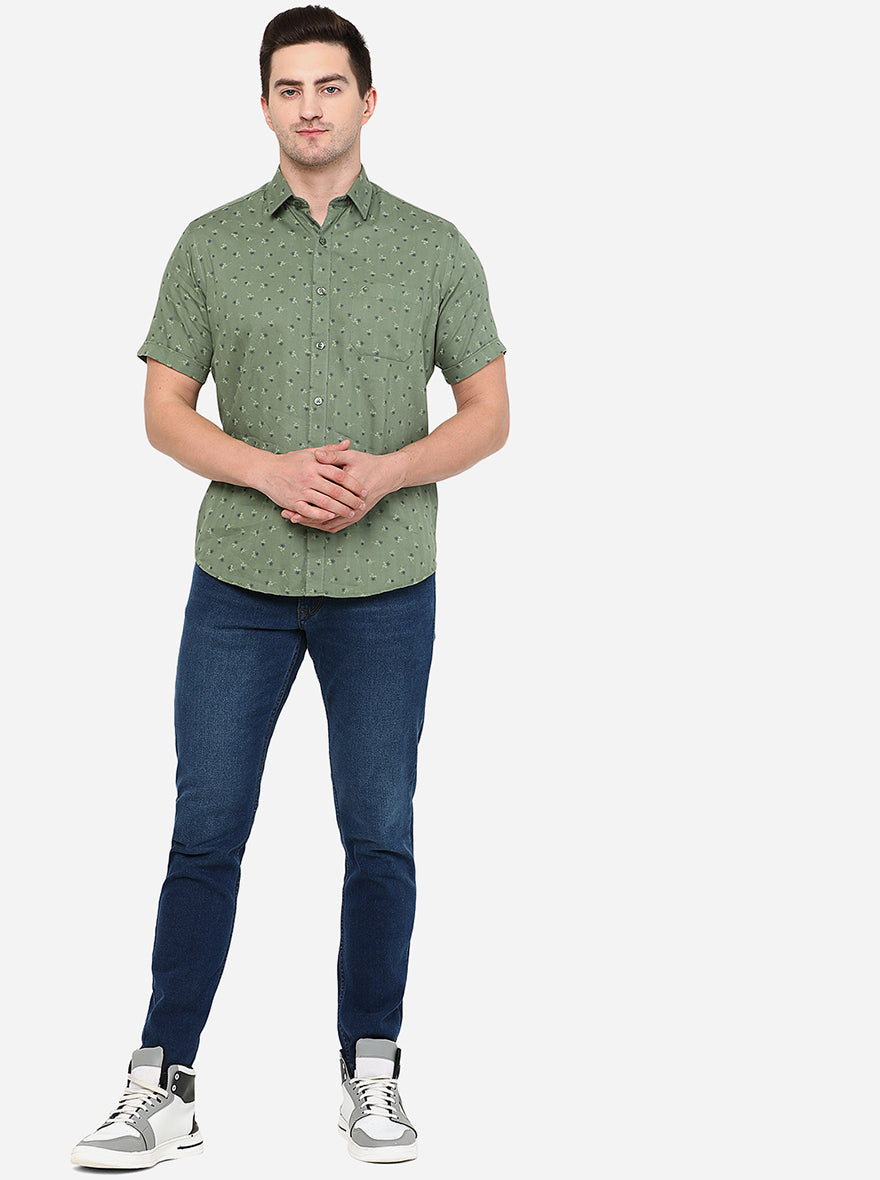 Olive Green Printed Smart Fit Casual Shirt | Greenfibre