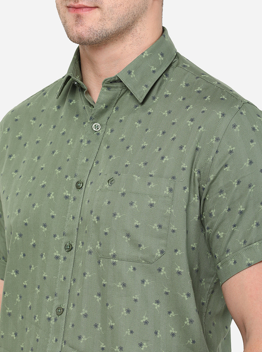 Olive Green Printed Smart Fit Casual Shirt | Greenfibre