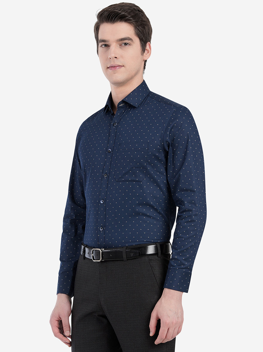 Navy Blue Printed Slim Fit Formal Shirt | Greenfibre