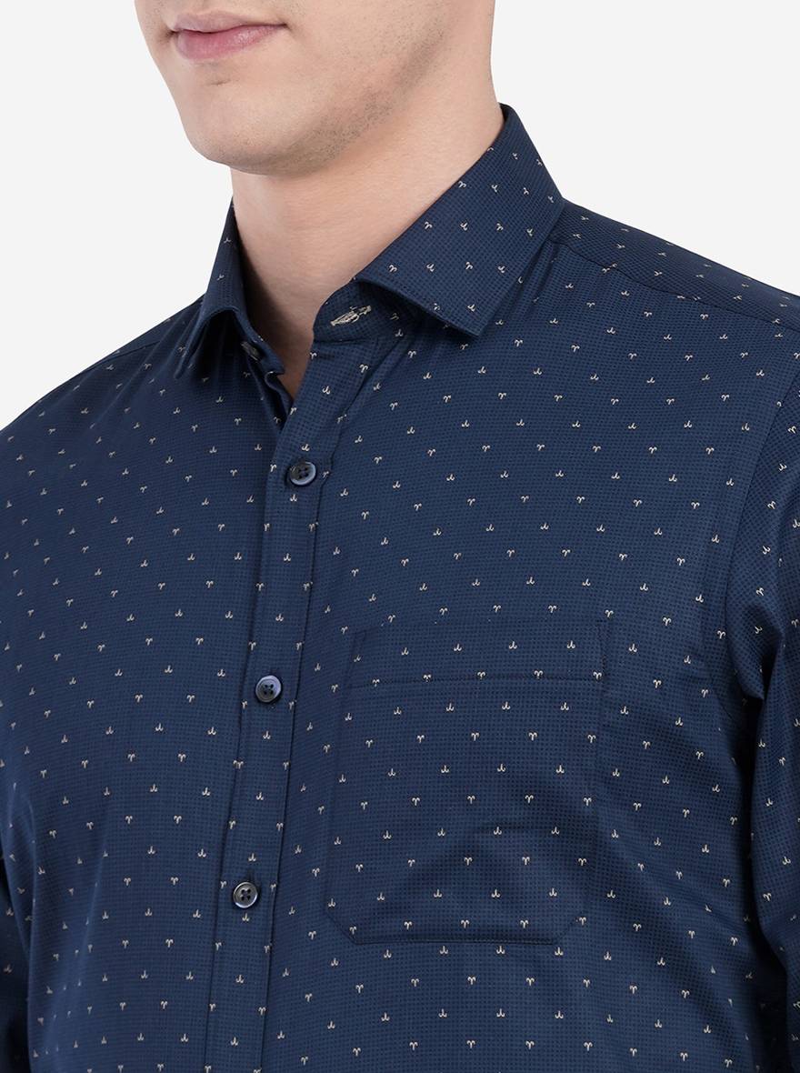 Navy Blue Printed Slim Fit Formal Shirt | Greenfibre