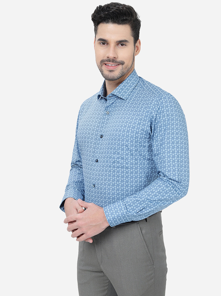 Blue Printed Slim Fit Formal Shirt Greenfibre