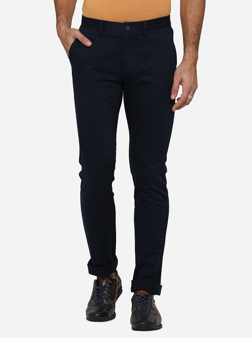 Navy Blue Solid Super Slim Fit Casual Trouser | Greenfibre