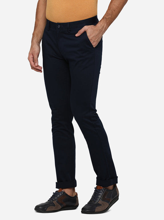 Navy Blue Solid Super Slim Fit Casual Trouser | Greenfibre