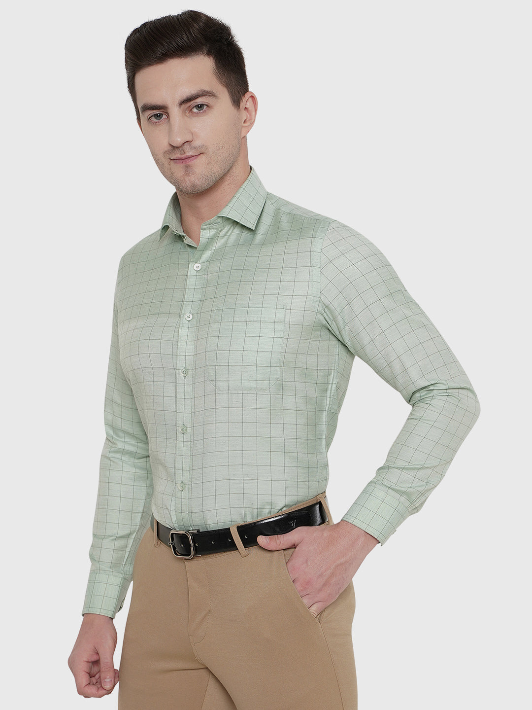 Light Green Checked Regular Fit Formal Shirt | Greenfibre