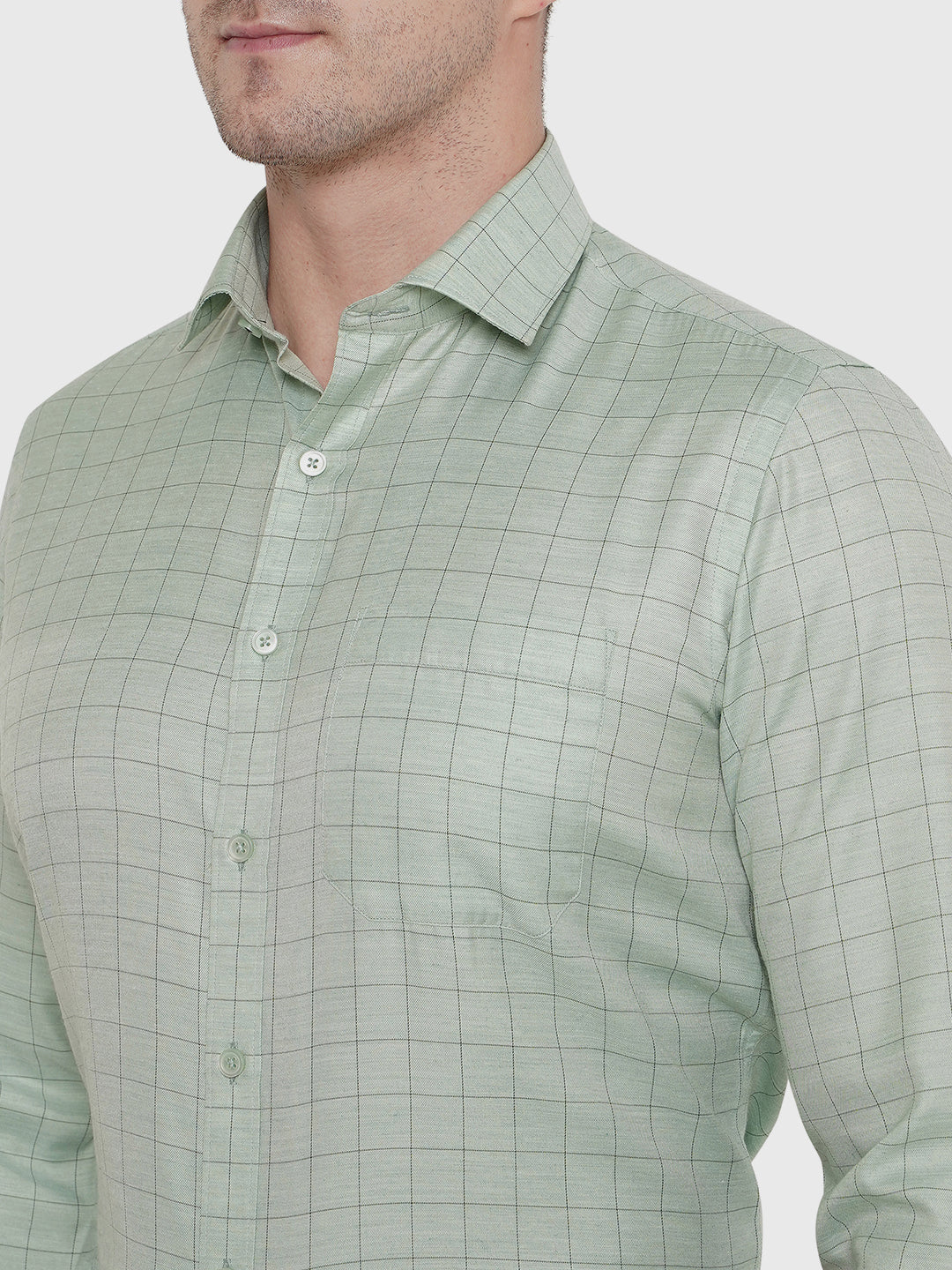 Light Green Checked Regular Fit Formal Shirt | Greenfibre