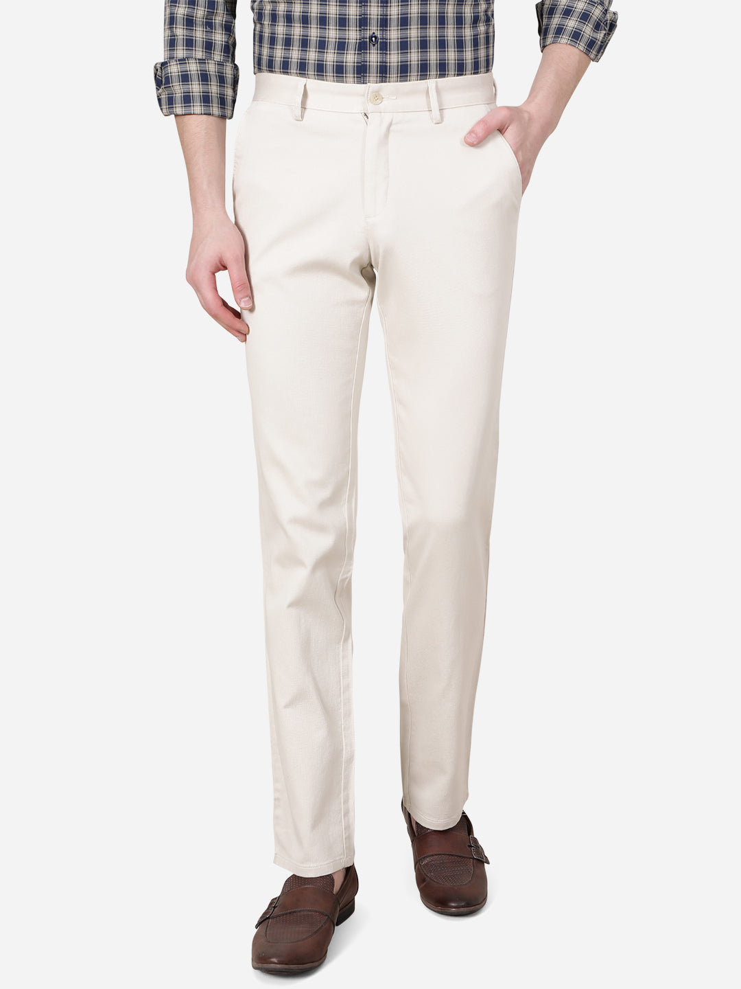 Cream Solid Slim Fit Casual Trouser | Greenfibre