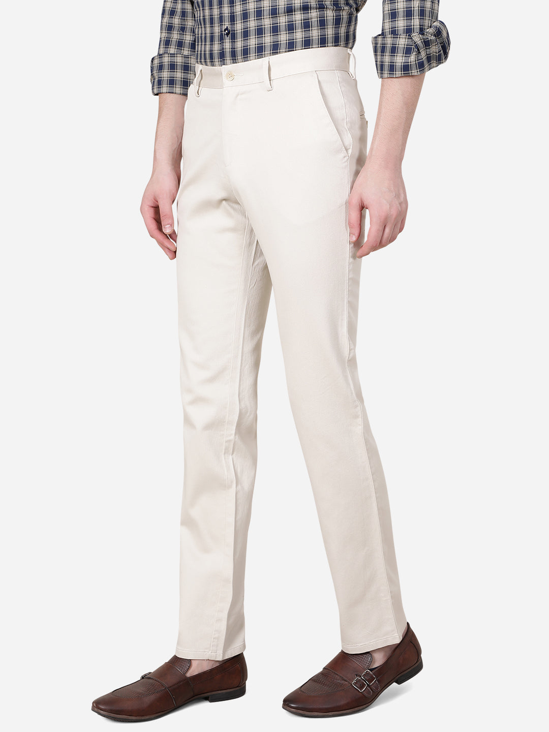 Cream Solid Slim Fit Casual Trouser | Greenfibre