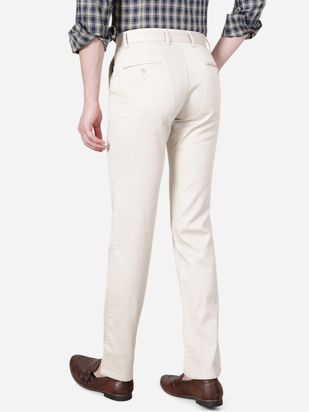 Cream Solid Slim Fit Casual Trouser | Greenfibre