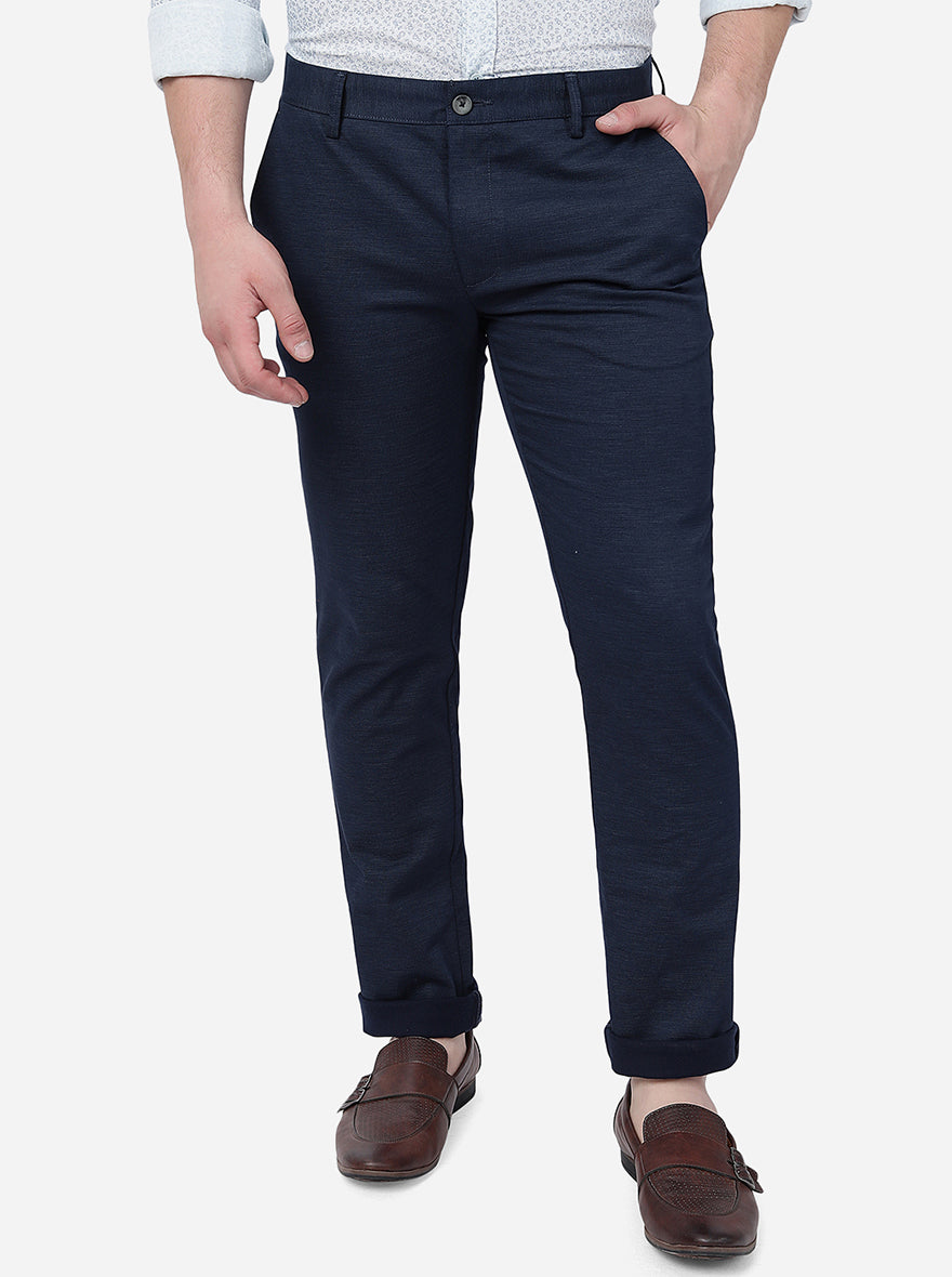 Navy Blue Solid Super Slim Fit Casual Trouser | Greenfibre