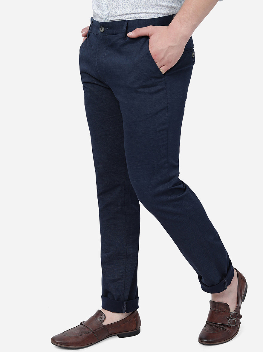 Navy Blue Solid Super Slim Fit Casual Trouser | Greenfibre