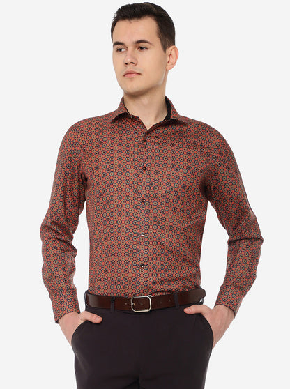 Orange Printed Slim Fit Party Wear Shirt | Greenfibre