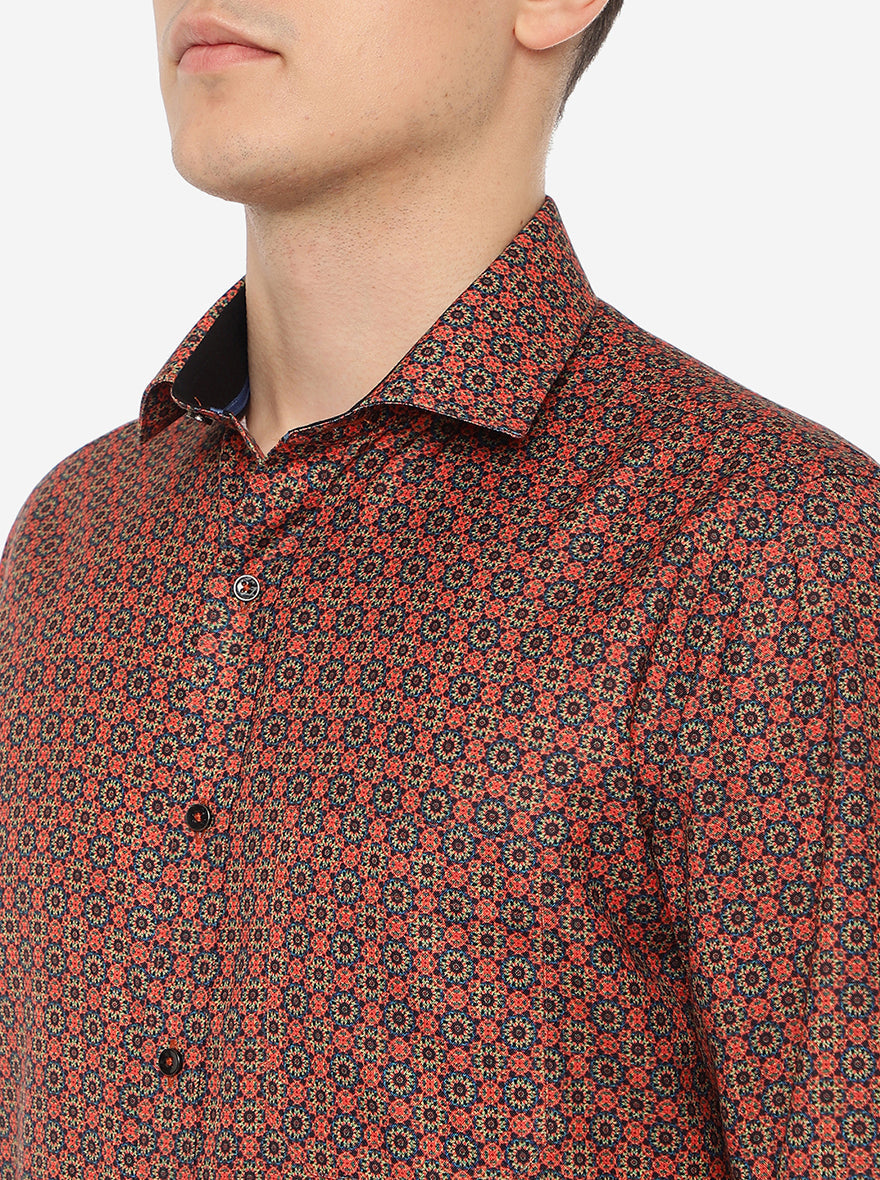 Orange Printed Slim Fit Party Wear Shirt | Greenfibre