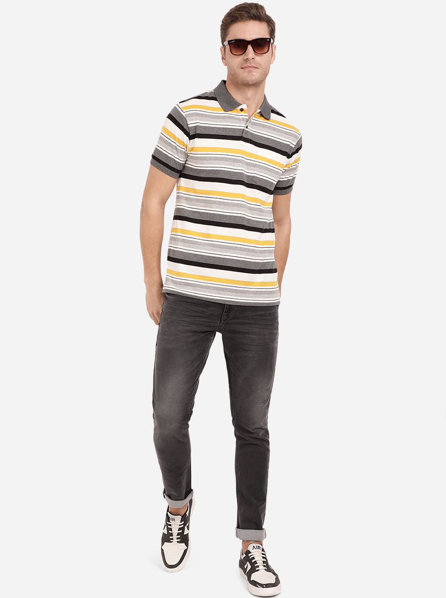 Light Mustard & Grey Striped Slim Fit Polo T-Shirt | Greenfibre