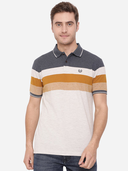 Grey & Blue Striped Slim Fit Polo T-Shirt | Greenfibre