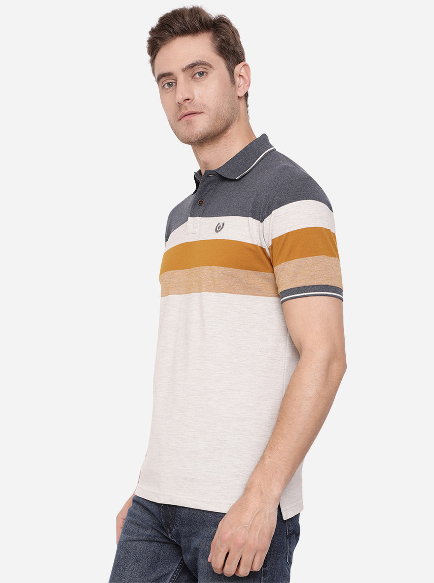 Grey & Blue Striped Slim Fit Polo T-Shirt | Greenfibre