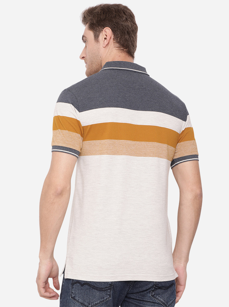 Grey & Blue Striped Slim Fit Polo T-Shirt | Greenfibre