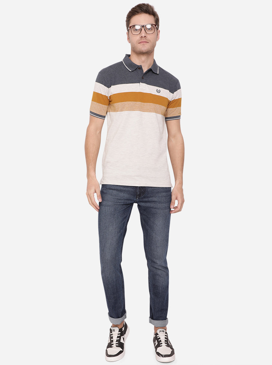 Grey & Blue Striped Slim Fit Polo T-Shirt | Greenfibre