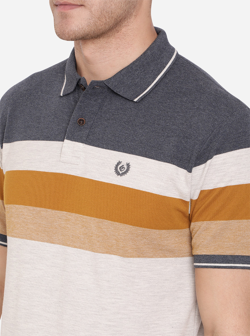 Grey & Blue Striped Slim Fit Polo T-Shirt | Greenfibre