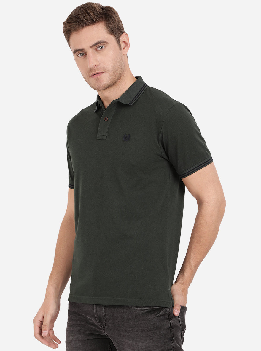 Bottle Green Solid Slim Fit Polo T-Shirt | Greenfibre