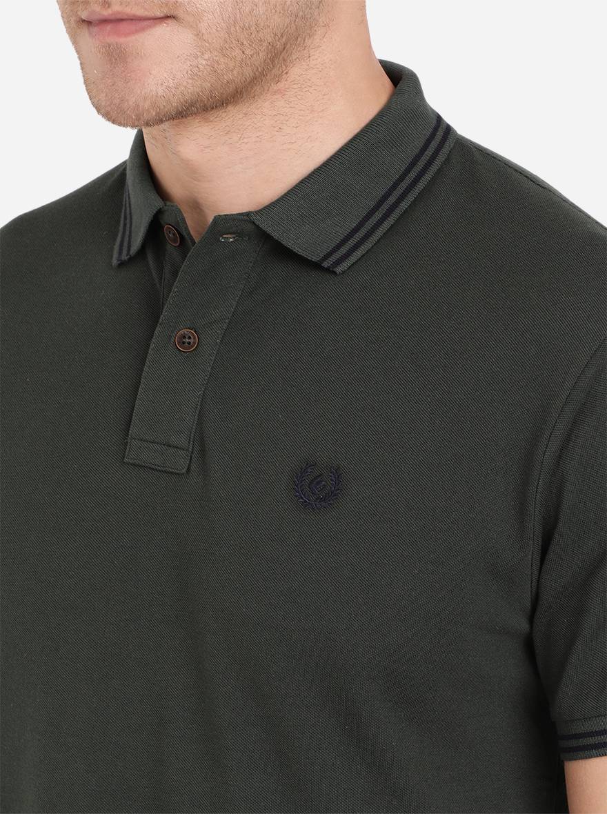 Bottle Green Solid Slim Fit Polo T-Shirt | Greenfibre