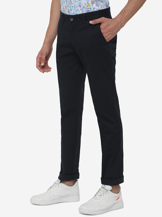 Dark Blue Solid Super Slim Fit Casual Trouser | Greenfibre