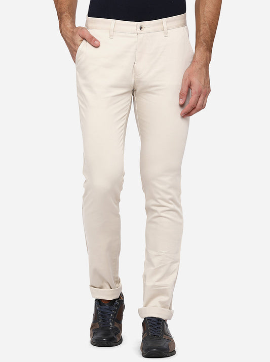 Cream Solid Super Slim Fit Casual Trouser | Greenfibre