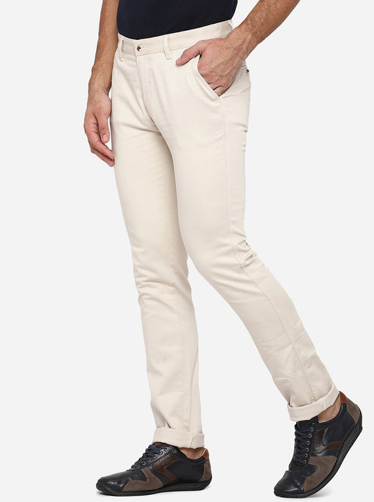 Cream Solid Super Slim Fit Casual Trouser | Greenfibre