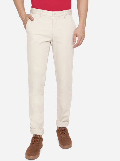 Cream Solid Slim Fit Casual Trouser | Greenfibre