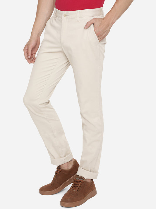 Cream Solid Slim Fit Casual Trouser | Greenfibre