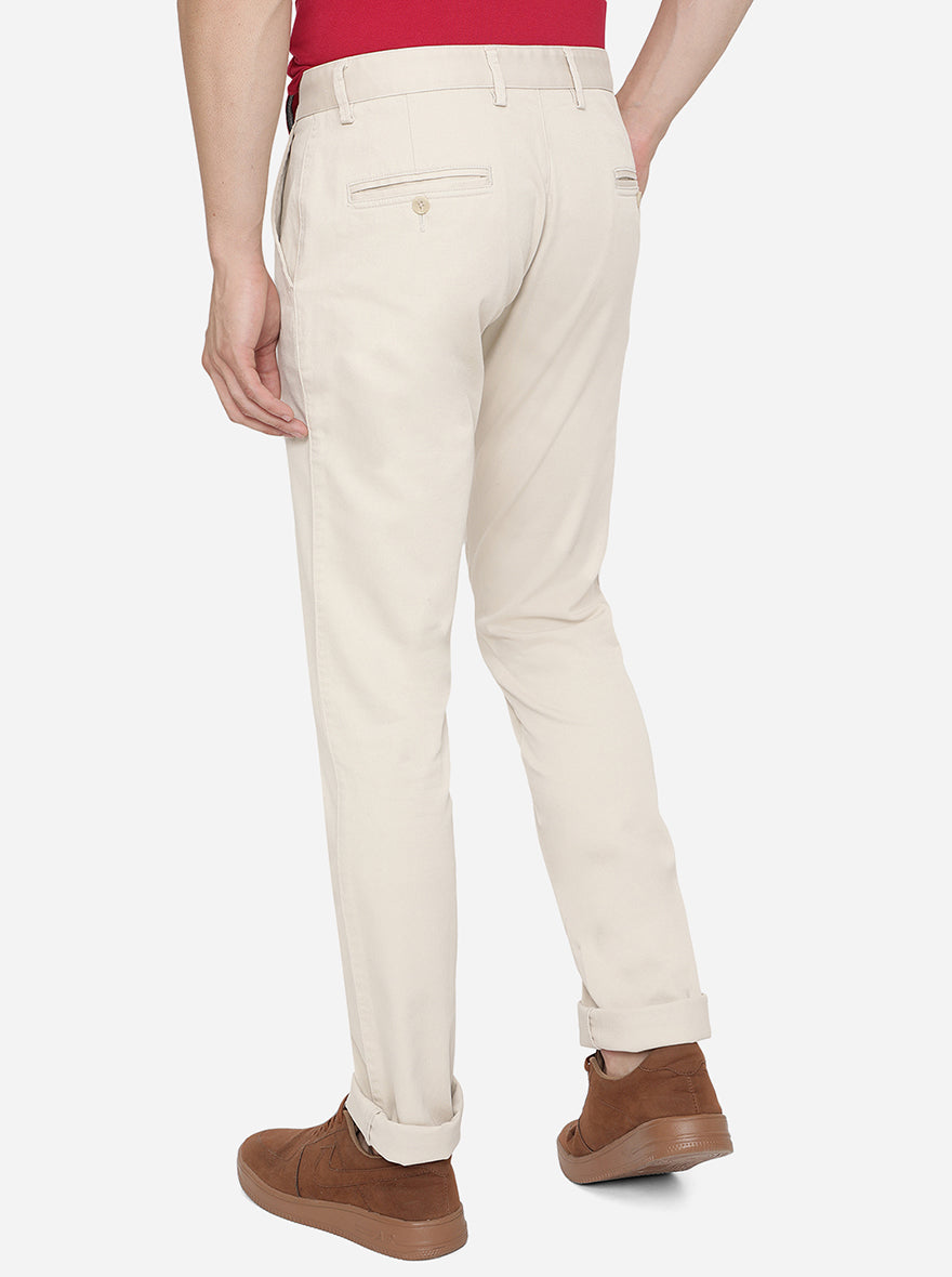 Cream Solid Slim Fit Casual Trouser | Greenfibre