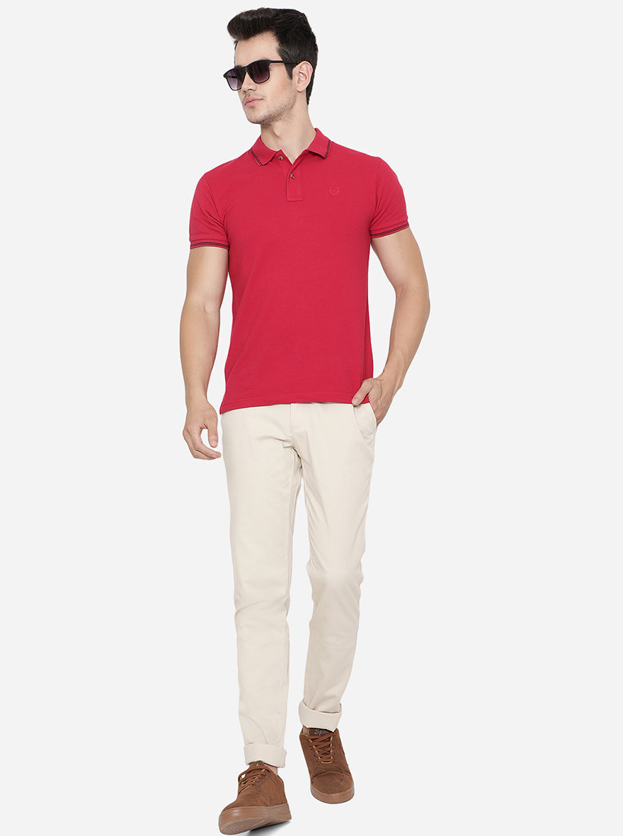 Cream Solid Slim Fit Casual Trouser | Greenfibre