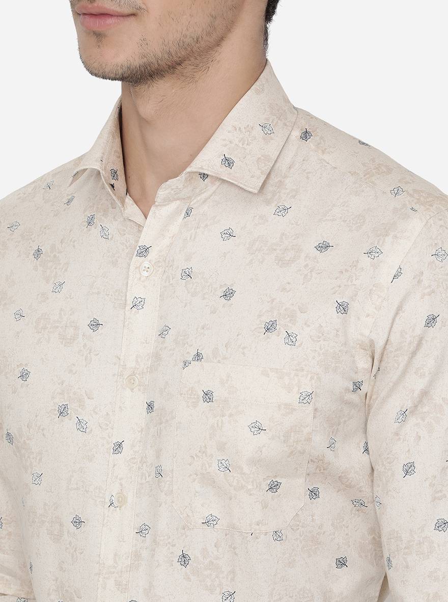 Beige Printed Slim Fit Formal Shirt | Greenfibre