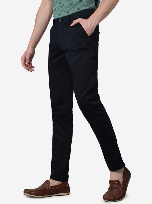 Navy Blue Solid Neo Fit Casual Trouser | Greenfibre