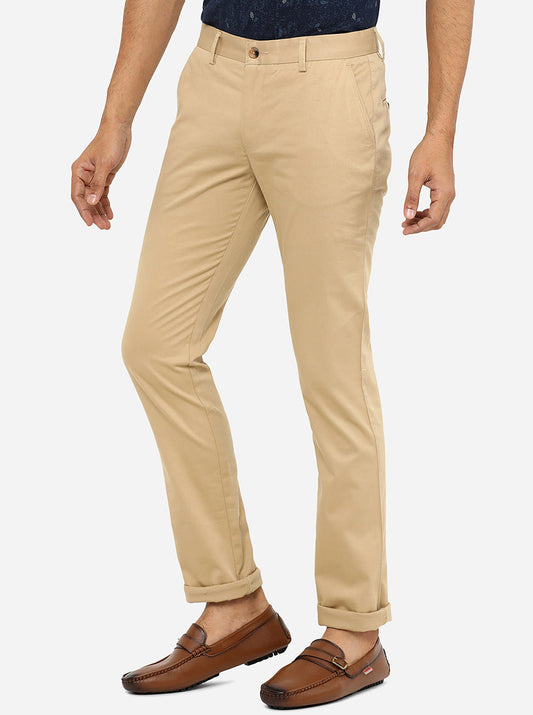 Beige Solid Super Slim Fit Casual Trouser | Greenfibre