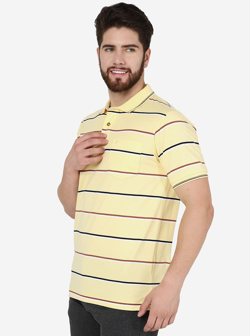 Light Yellow Striped Slim Fit Polo T-Shirt | Greenfibre