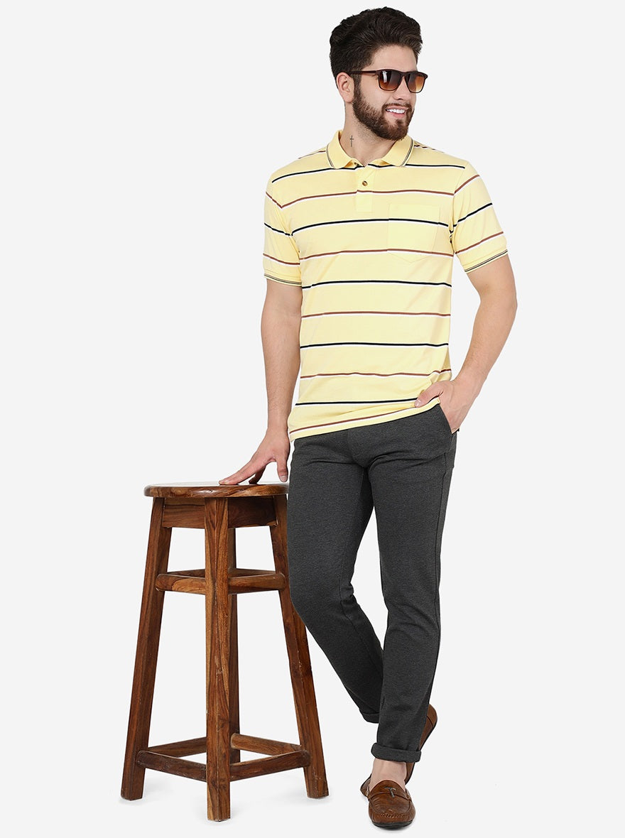 Light Yellow Striped Slim Fit Polo T-Shirt | Greenfibre