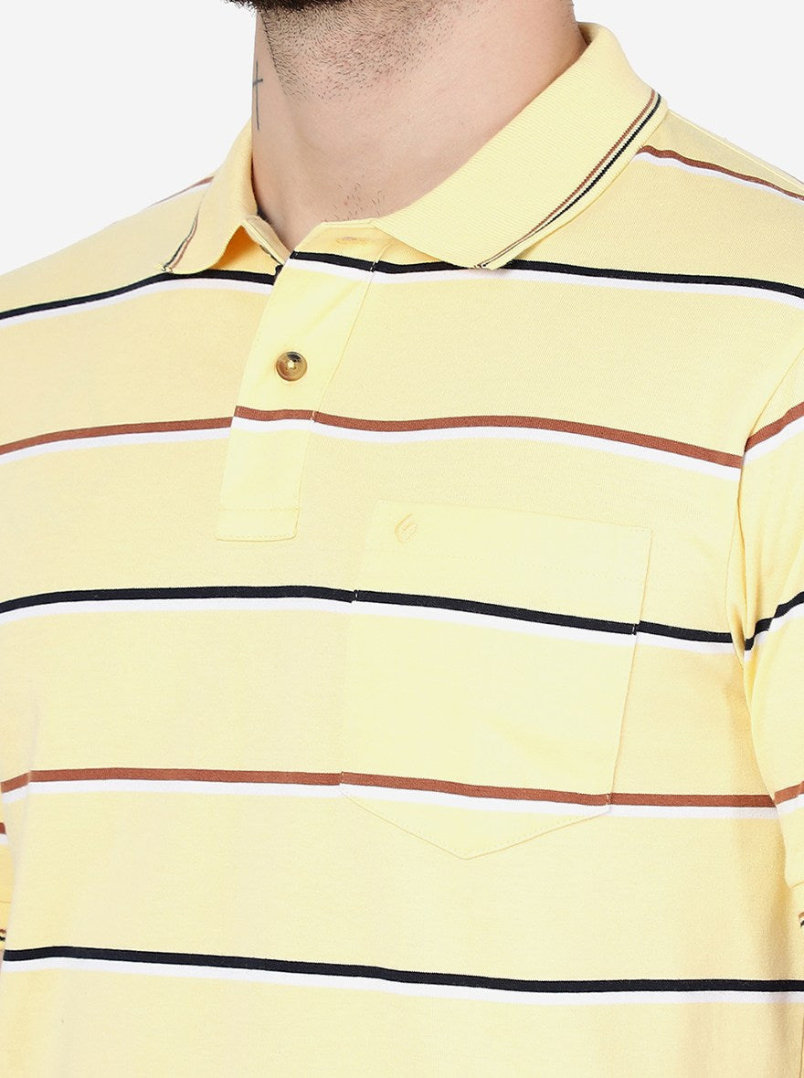 Light Yellow Striped Slim Fit Polo T-Shirt | Greenfibre