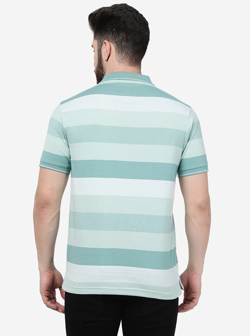 Green Striped Slim Fit Polo T-Shirt | Greenfibre