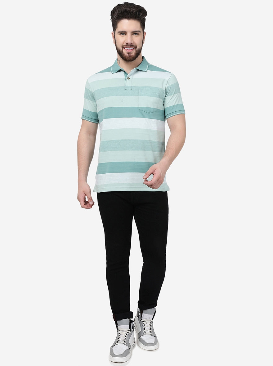 Green Striped Slim Fit Polo T-Shirt | Greenfibre