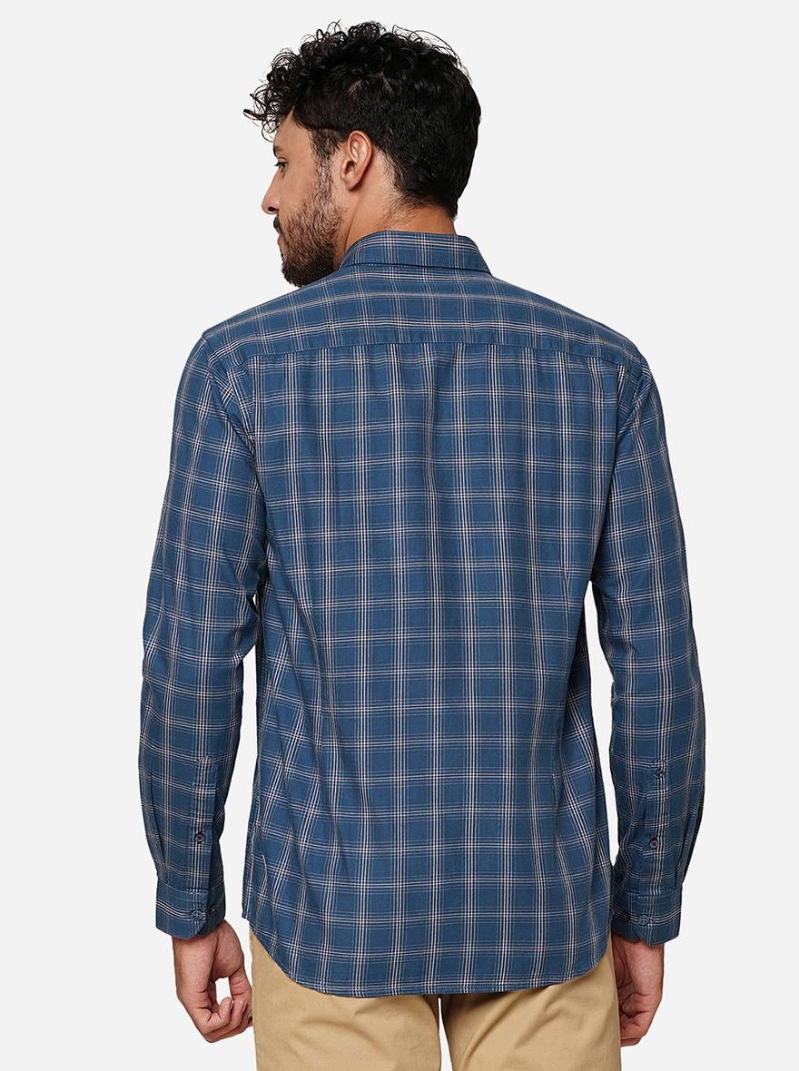 Ensign Blue Checked Smart Fit Semi Casual Shirt | Greenfibre