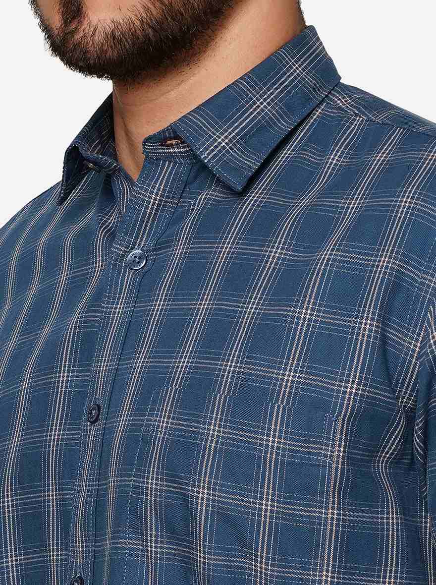 Ensign Blue Checked Smart Fit Semi Casual Shirt | Greenfibre