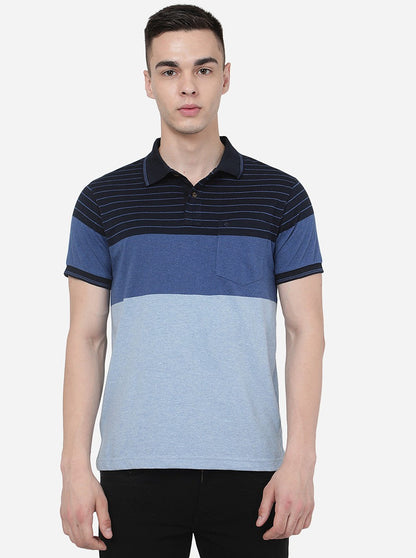 Navy Blue Striped Slim Fit Polo T-Shirt | Greenfibre