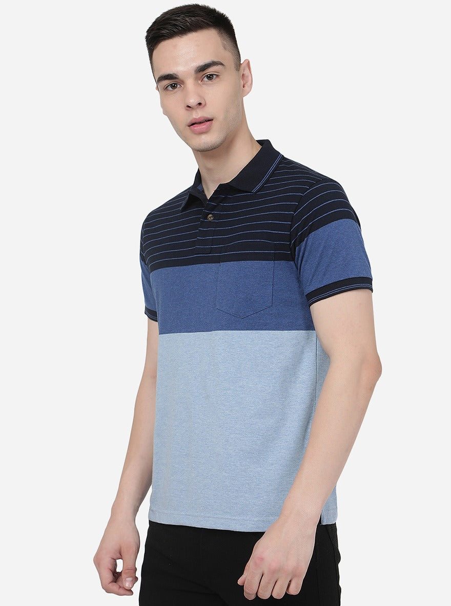 Navy Blue Striped Slim Fit Polo T-Shirt | Greenfibre