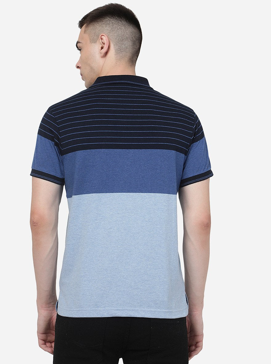 Navy Blue Striped Slim Fit Polo T-Shirt | Greenfibre