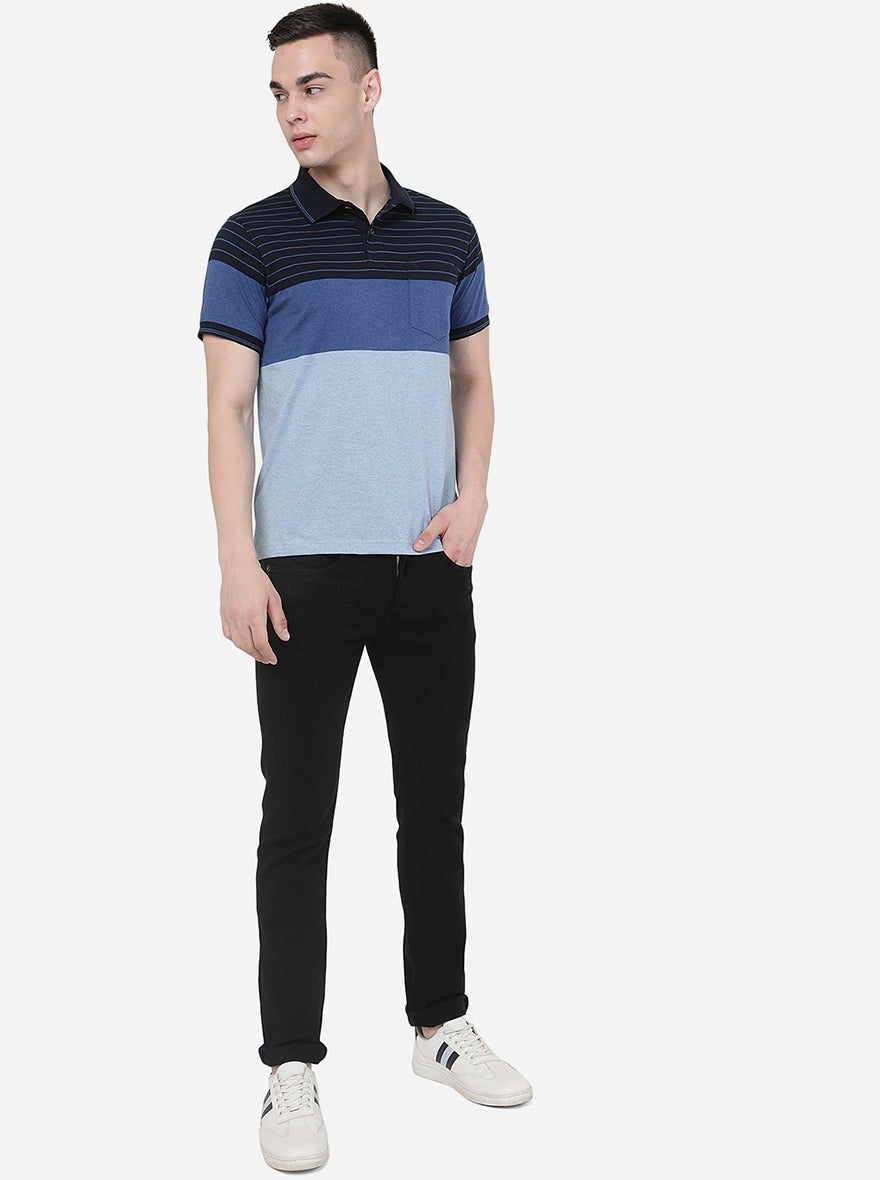 Navy Blue Striped Slim Fit Polo T-Shirt | Greenfibre